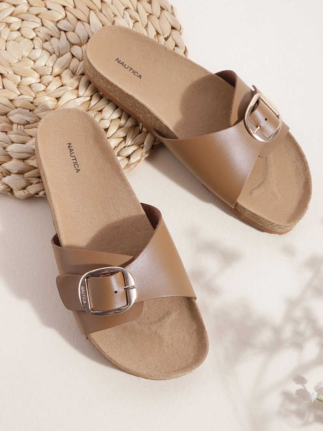 Nautica Women Brown Solid Open Toe Flats with Buckle Detail Price in India