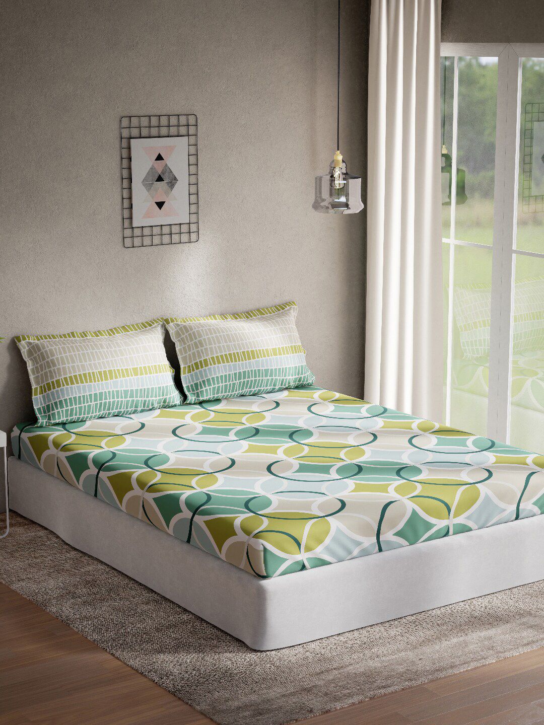 DDecor Green & White Geometric 144 TC King Bedsheet with 2 Pillow Covers Price in India