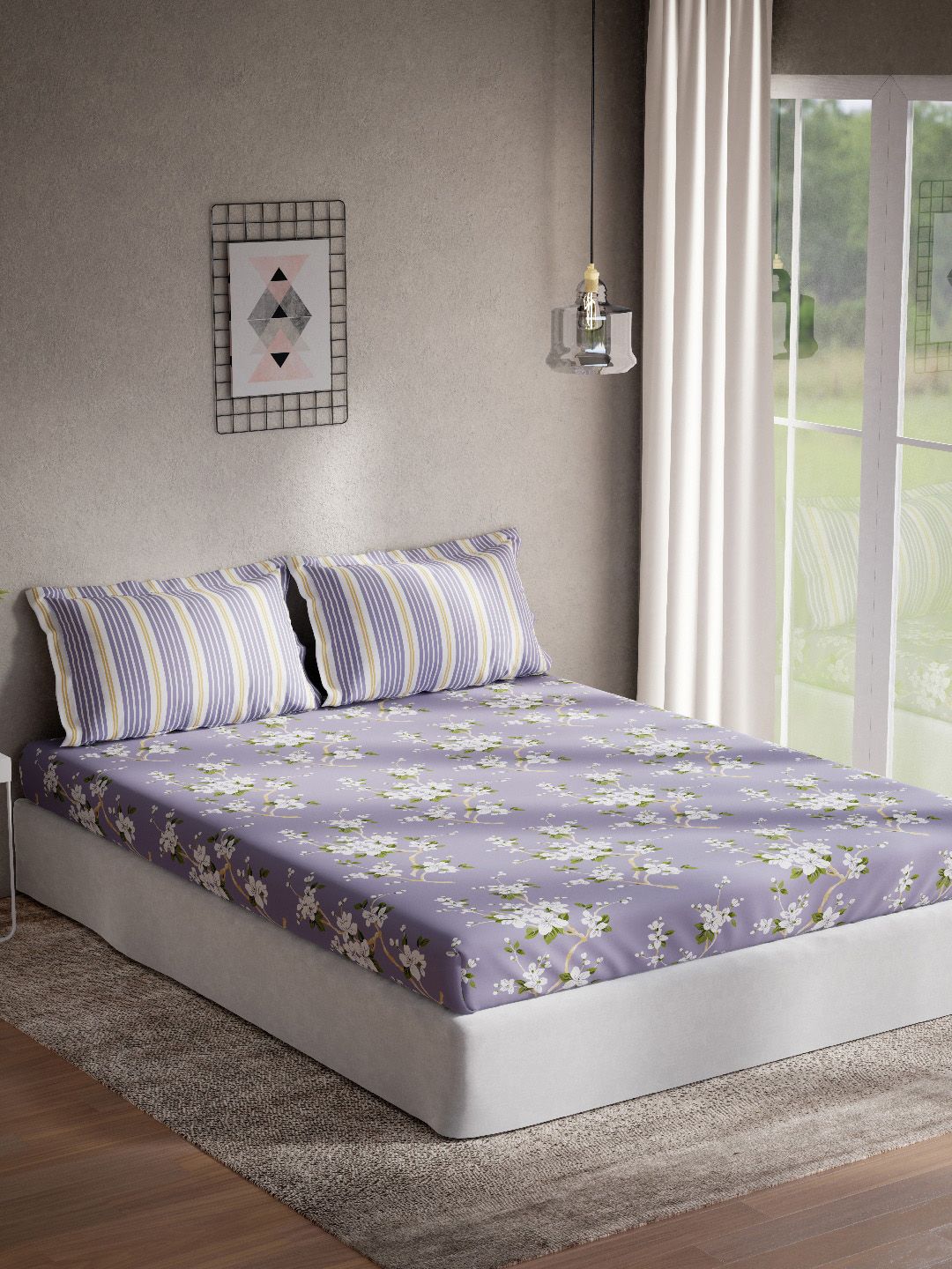 DDecor Purple & White Floral 144 TC King Bedsheet with 2 Pillow Covers Price in India