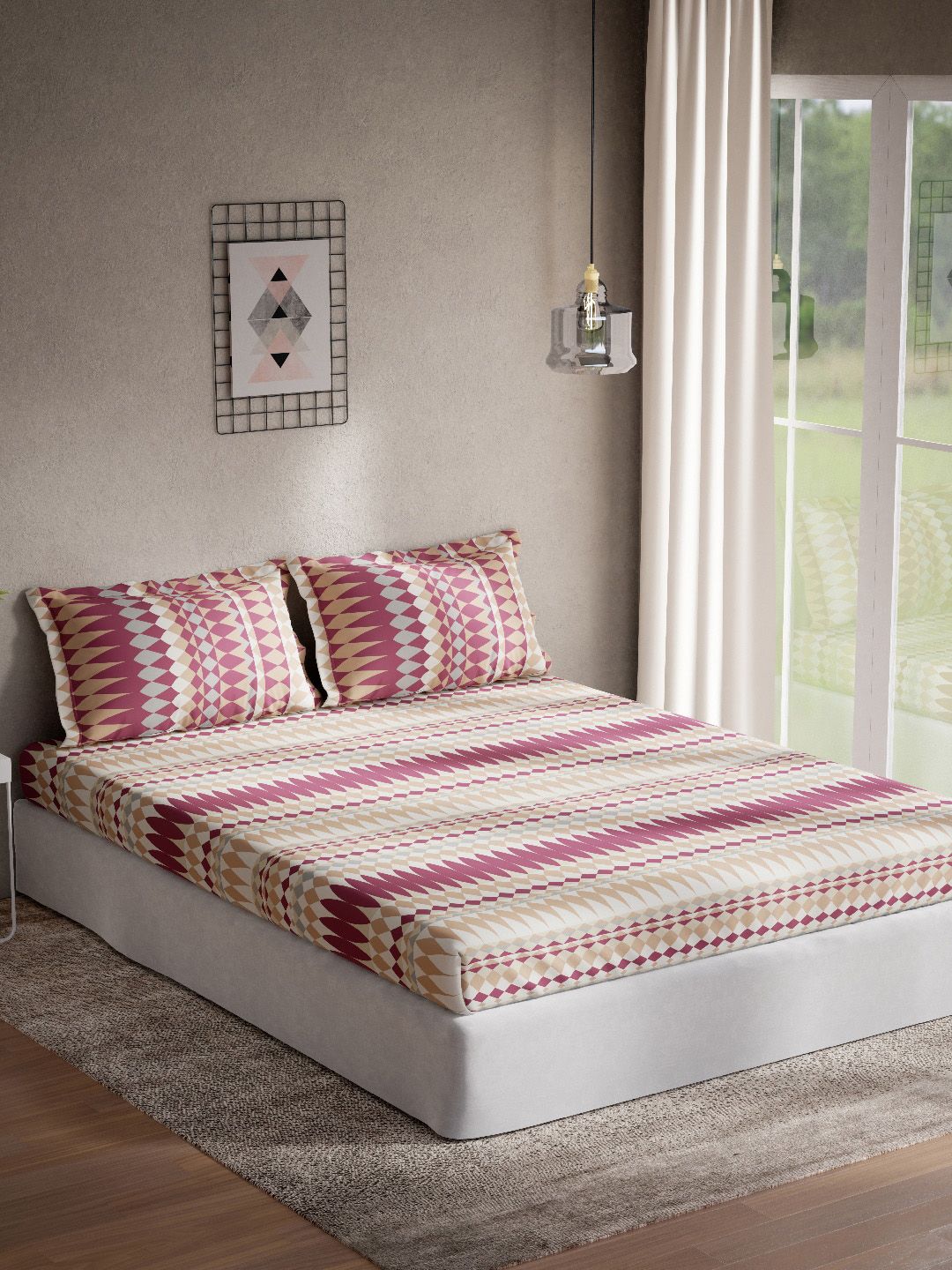 DDecor Burgundy & Beige Geometric 144 TC King Bedsheet with 2 Pillow Covers Price in India