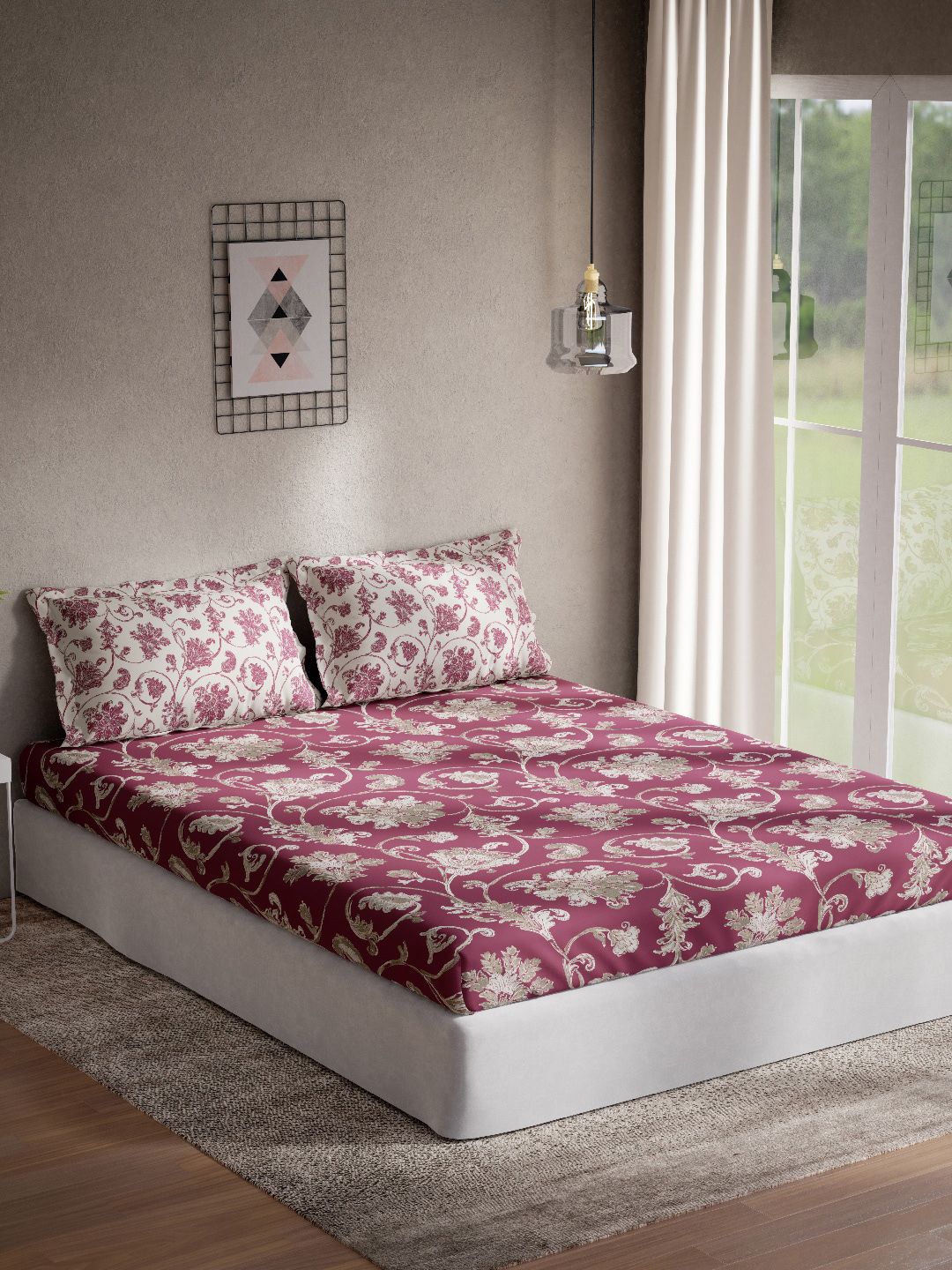 DDecor Magenta & Beige Floral 144 TC King Bedsheet with 2 Pillow Covers Price in India