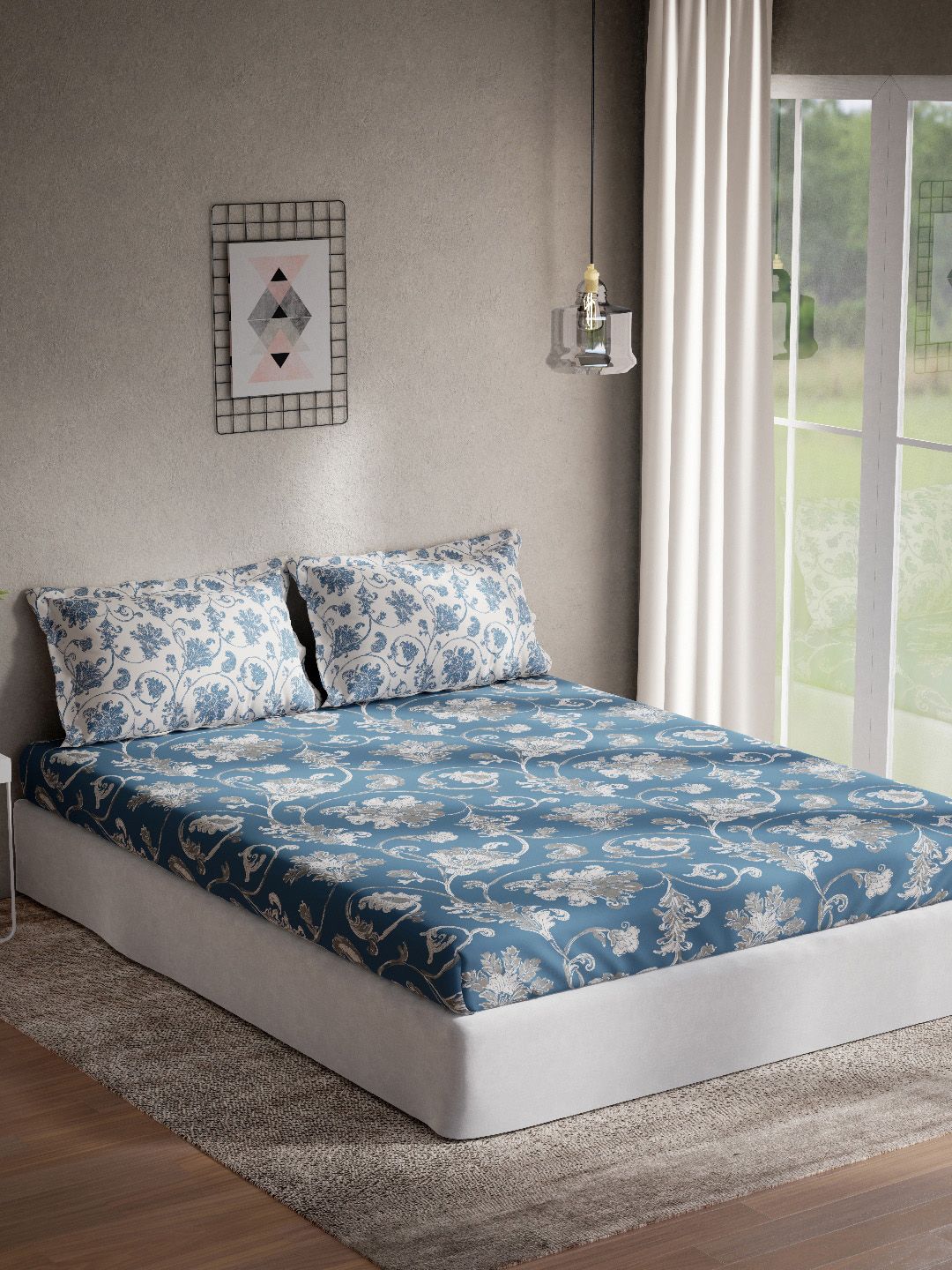 DDecor Blue & Grey Floral 144 TC King Bedsheet with 2 Pillow Covers Price in India