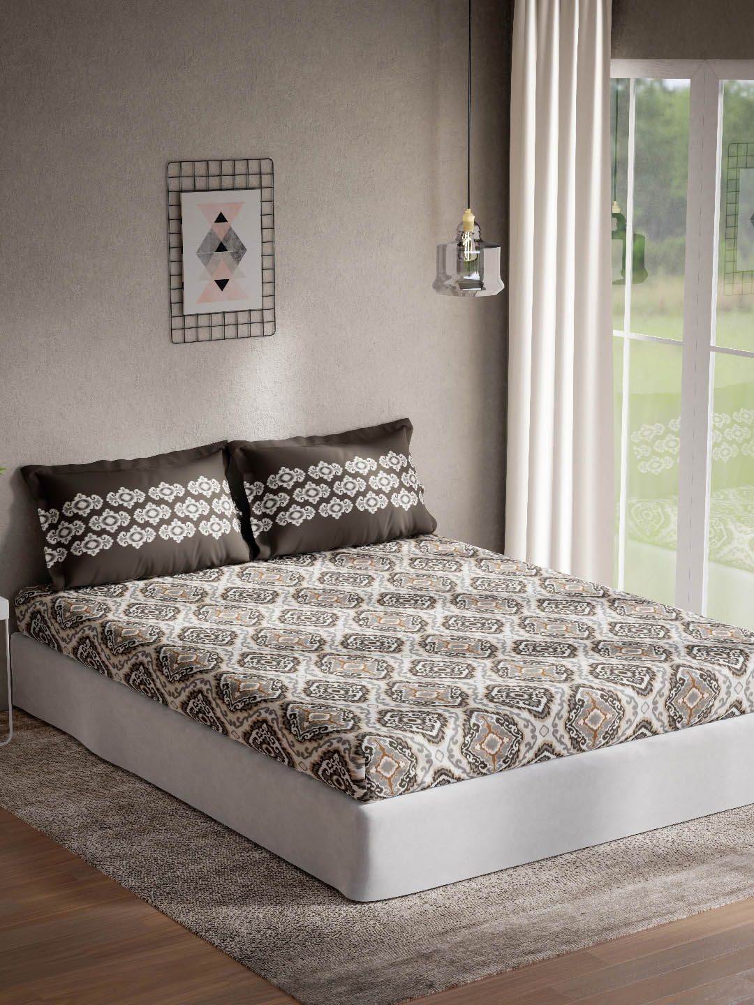 DDecor Grey & White Ethnic Motifs 144 TC Queen Bedsheet with 2 Pillow Covers Price in India