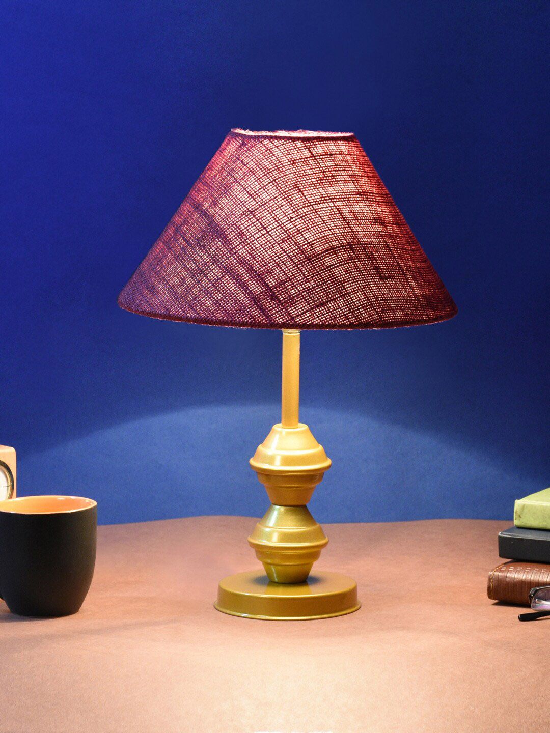 foziq Gold-Toned & Maroon Textured Table Lamp With Shade Price in India