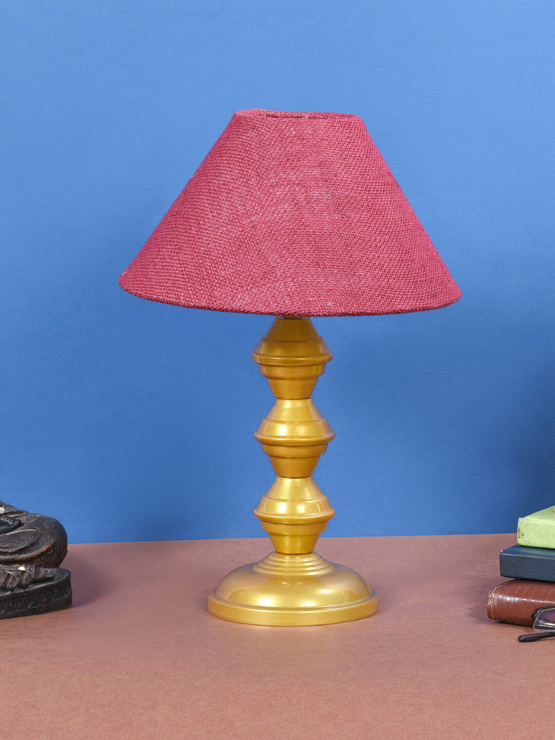 foziq Golden & Burgundy Textured Frustum Shaped Table Lamp Price in India