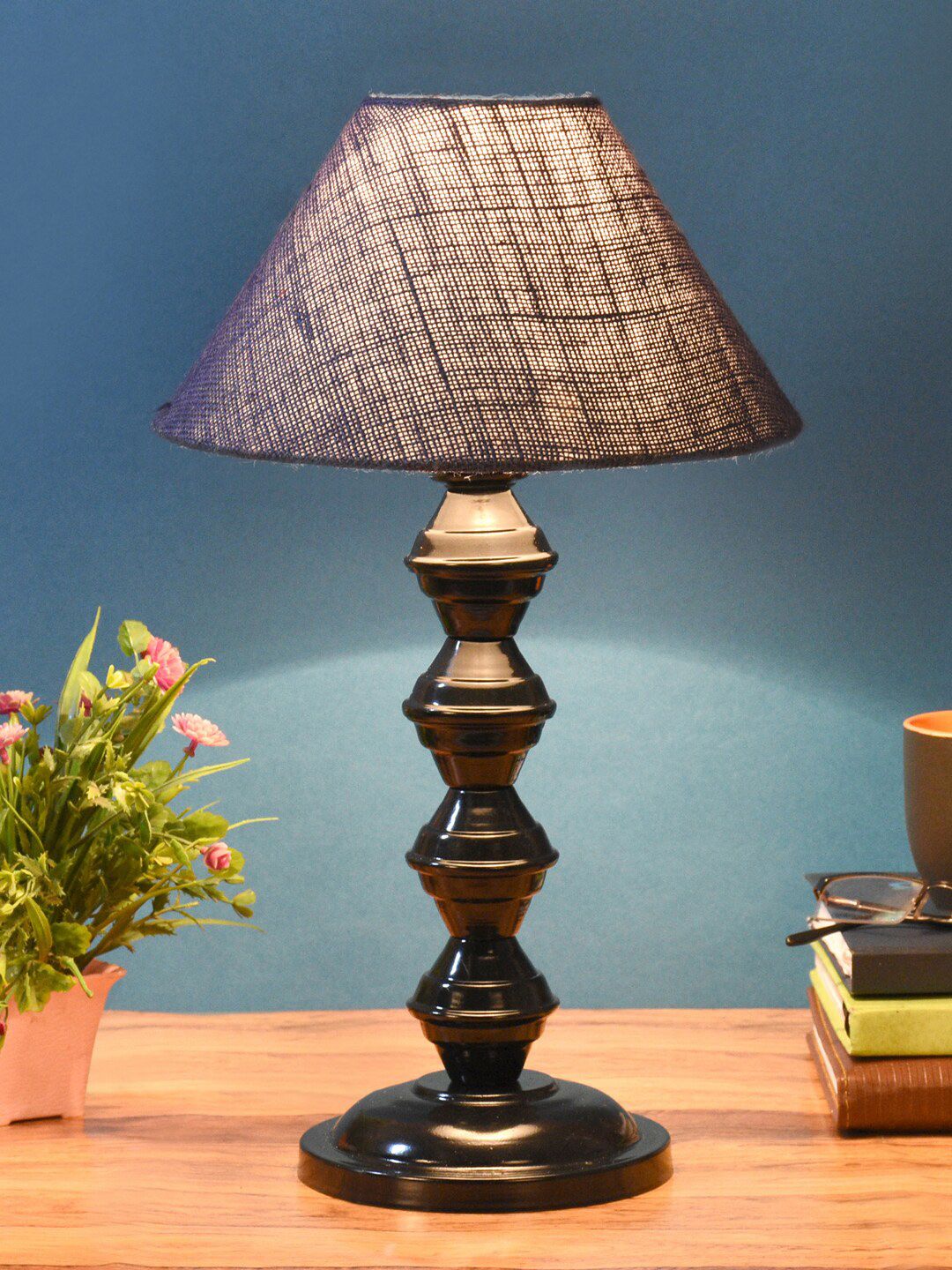 foziq Black & Blue Textured Table Lamp Price in India