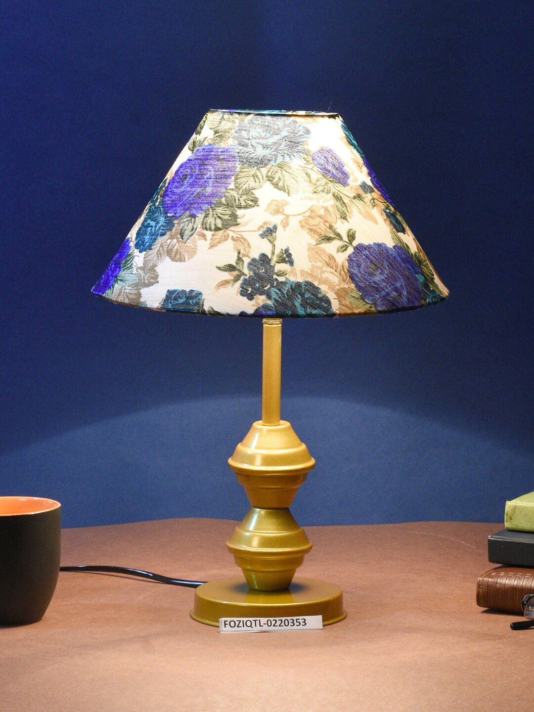 foziq Gold-Coloured & Blue Printed Table Lamp Price in India