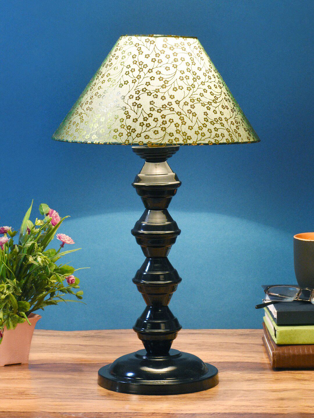foziq Black & Green Printed Table Lamp Price in India