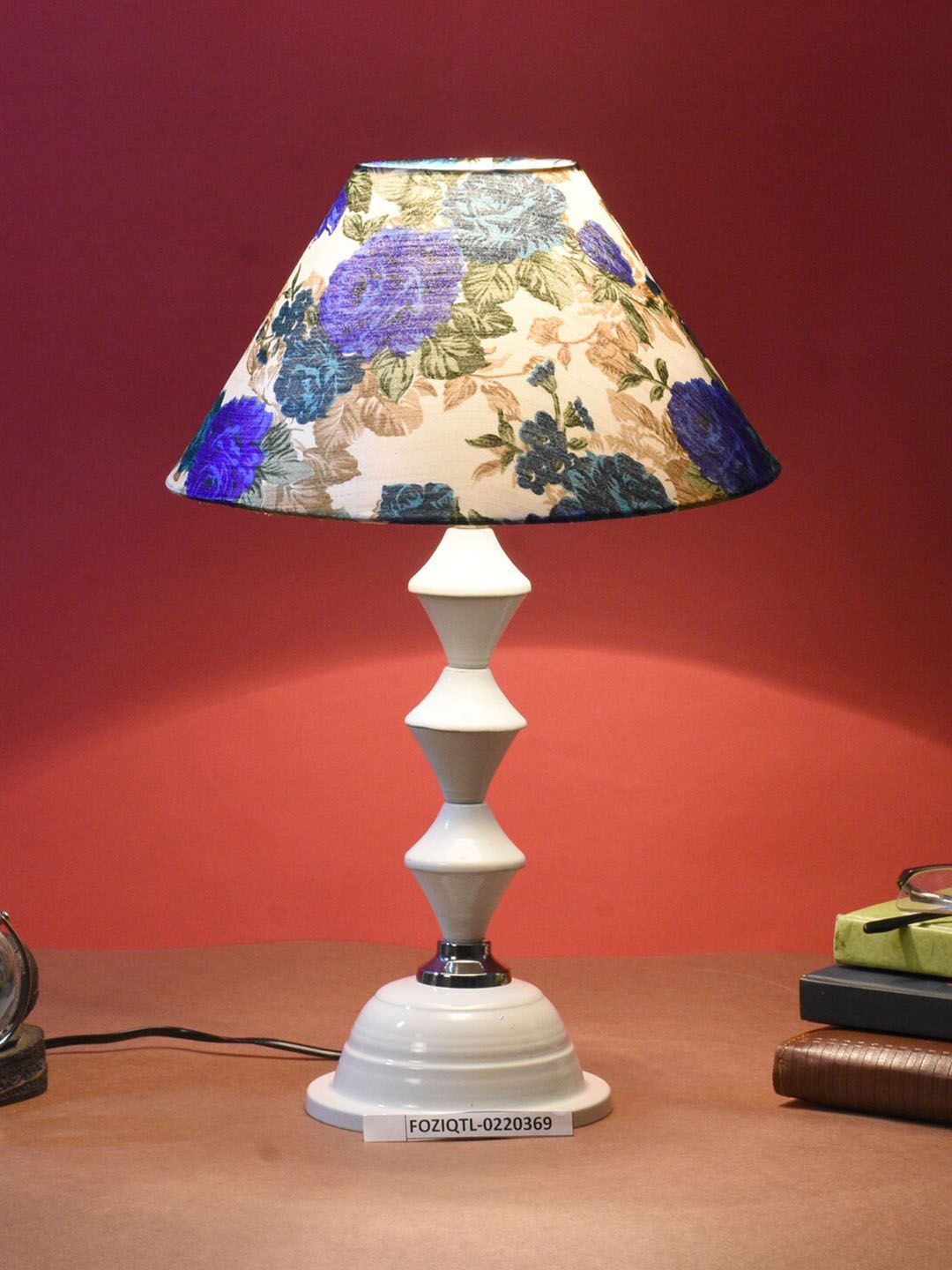 foziq White & Blue Printed Triangle Table Lamps With Shade Price in India