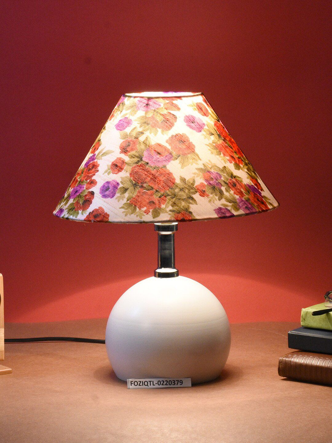 foziq White Bell Shape Printed Floral Table Lamps Price in India