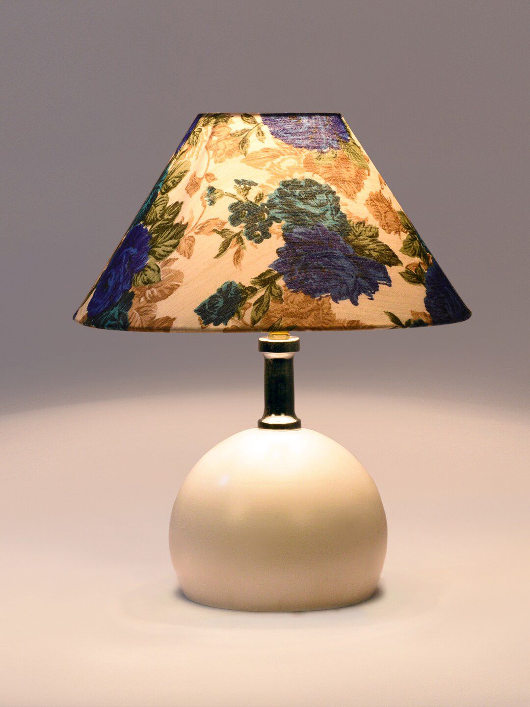 foziq White & Blue Printed Floral Frustum Shaped Table Lamp Price in India