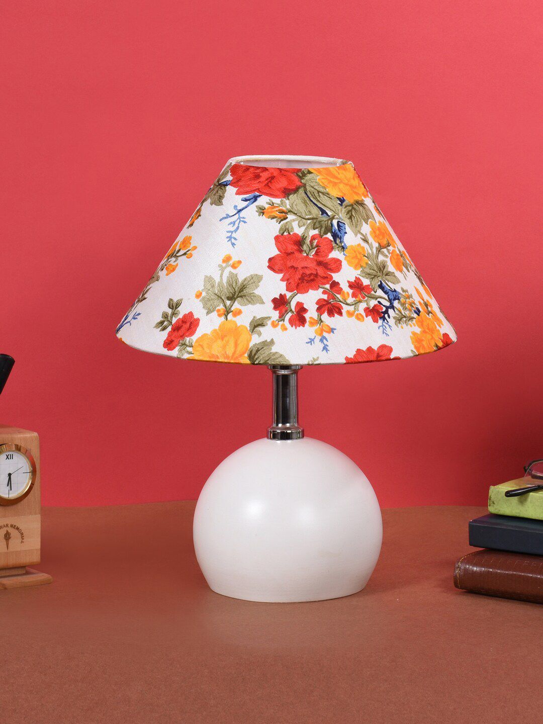 foziq White & Red Printed Frustum Shape Metal Table Lamps Price in India