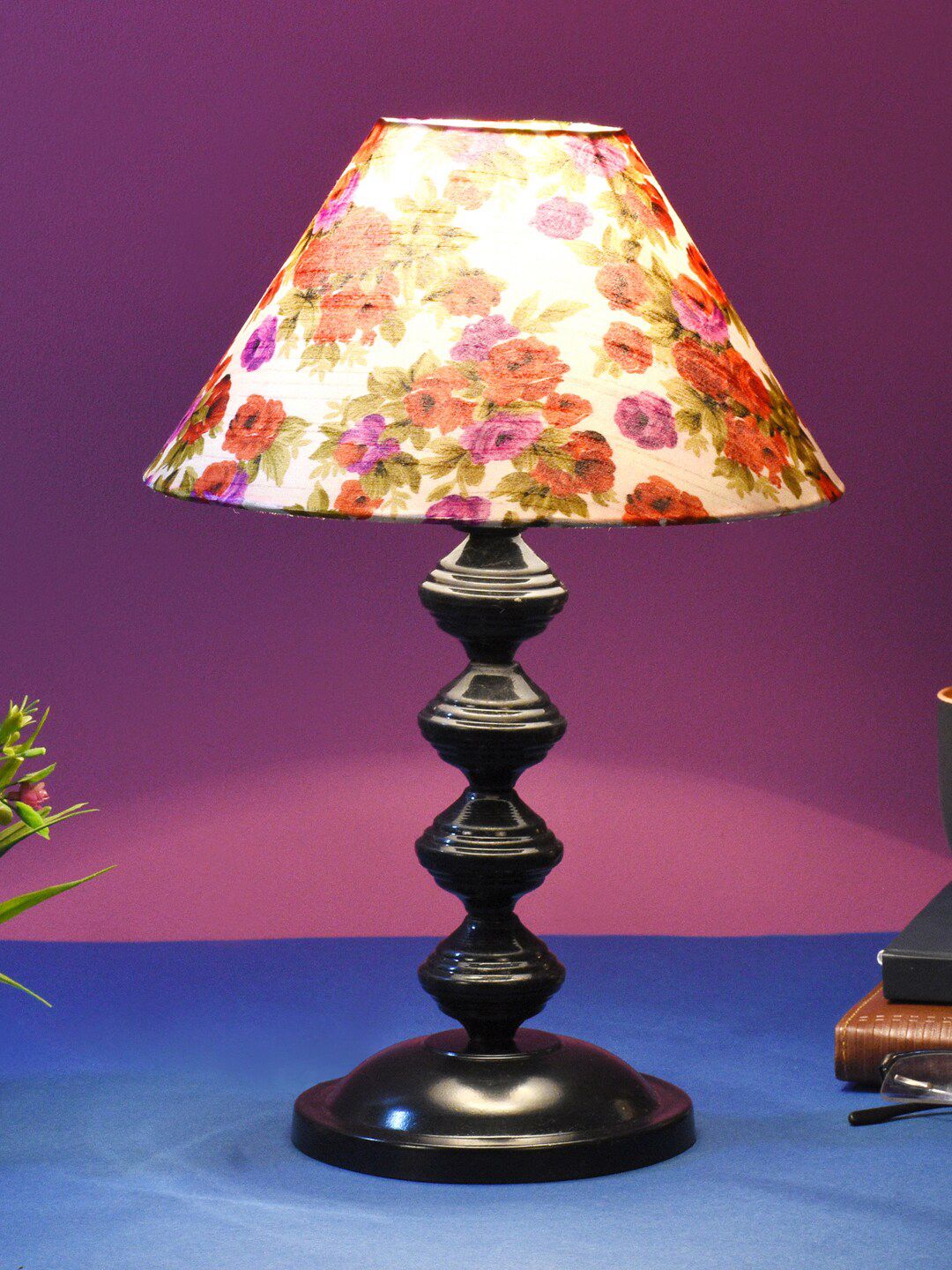 foziq Black Printed Floral Frustum Shape Table Lamp Price in India