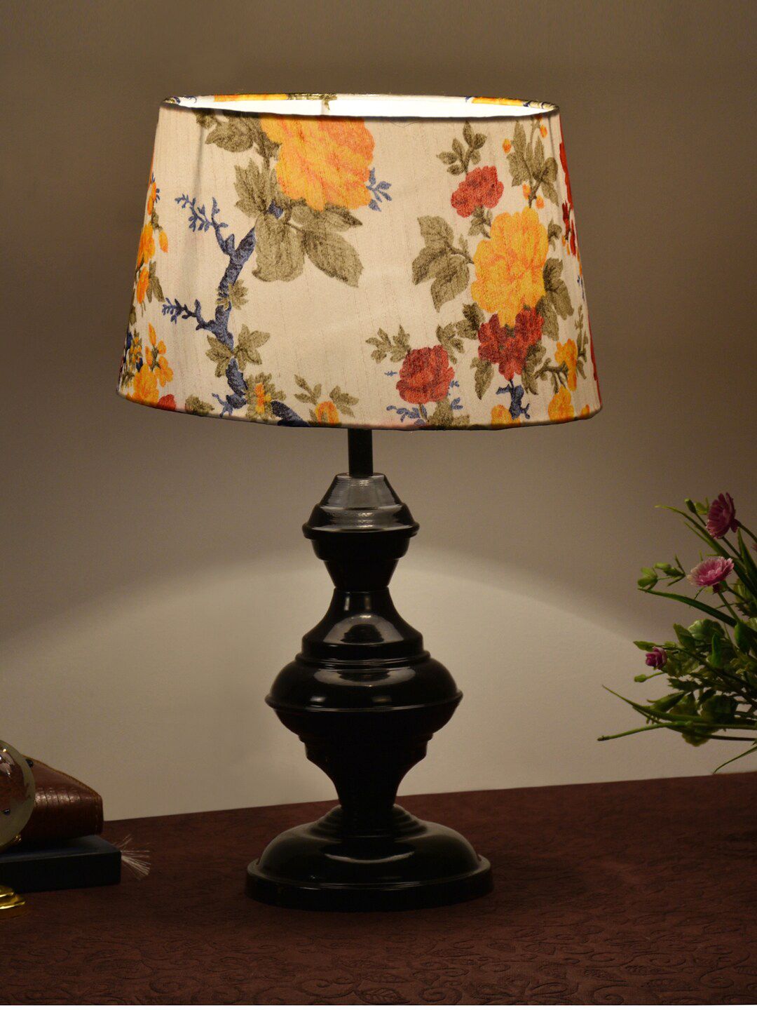 foziq Black Printed Floral Cylinder Shape Table Lamps Price in India