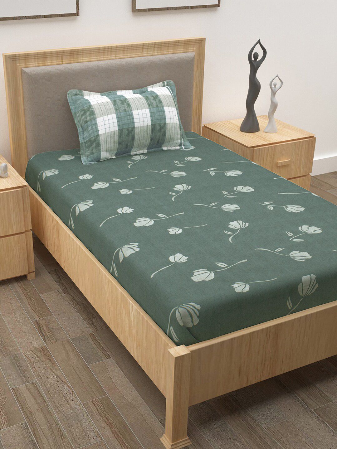Story@home Green & White Floral 186 TC Single Bedsheet with 1 Pillow Cover Price in India