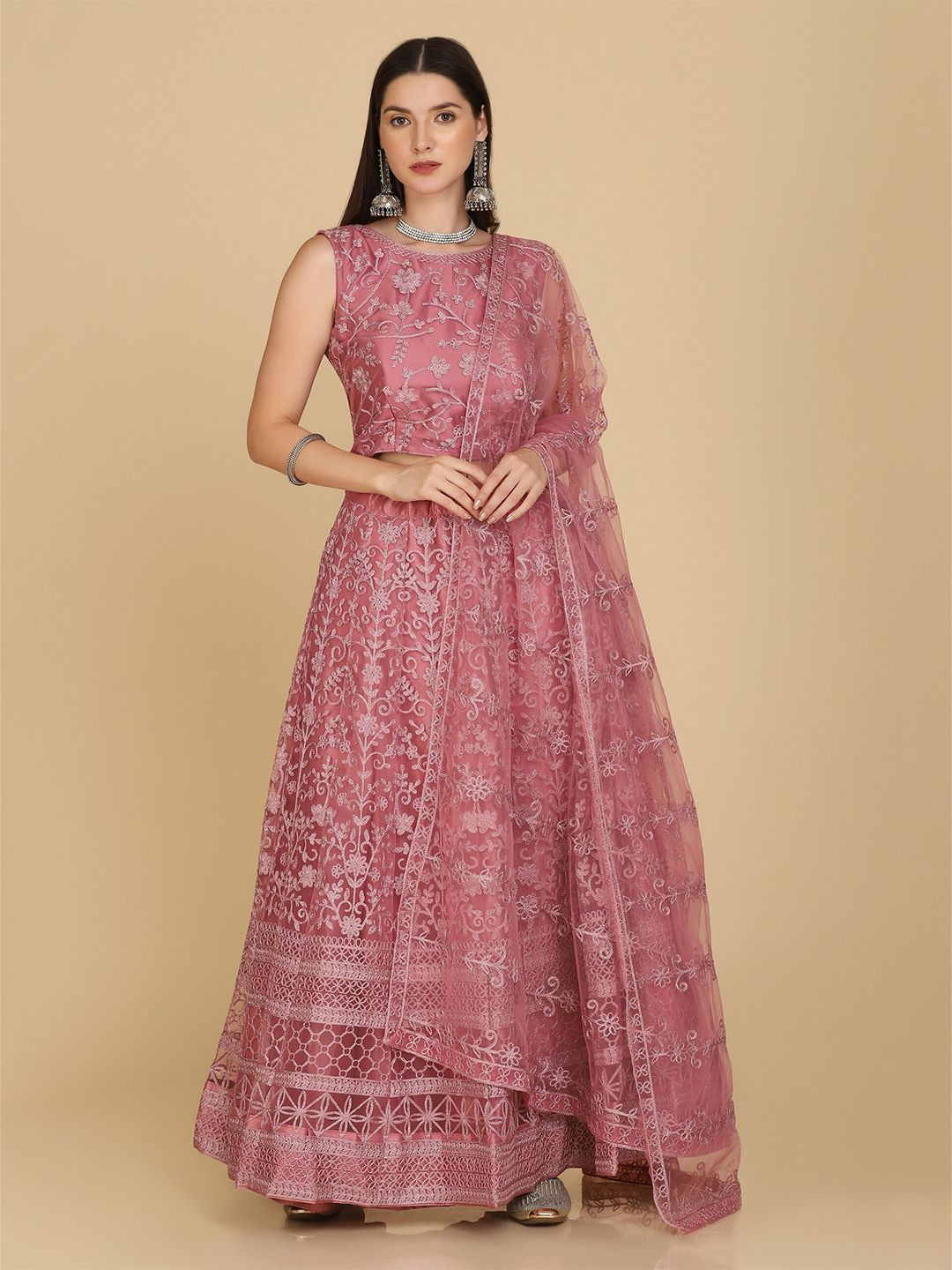 Warthy Ent Pink Embroidered Thread Work Semi-Stitched Lehenga & Unstitched Blouse With Dupatta Price in India