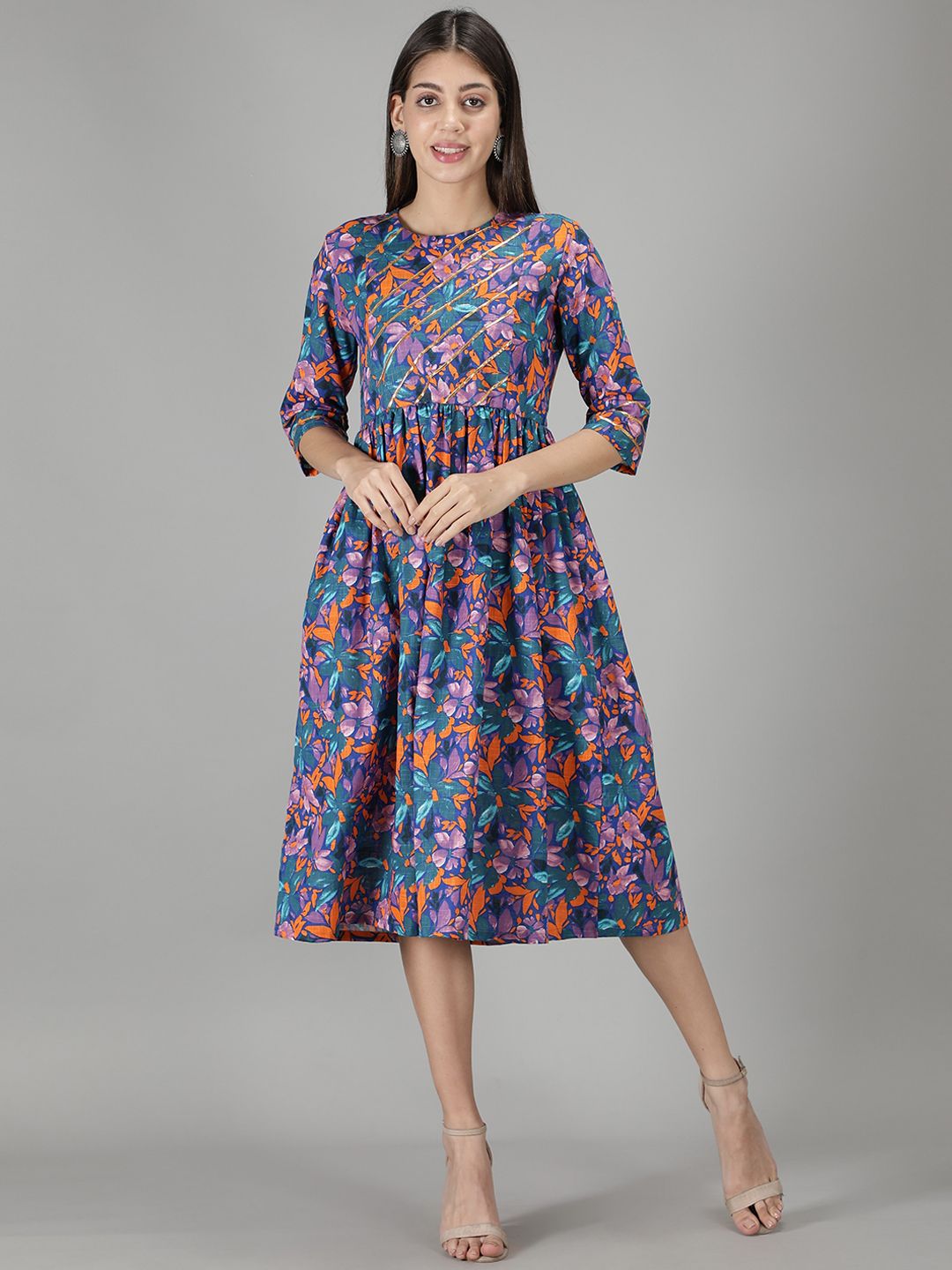 Cot'N Soft Teal & Violet Floral Printed Cotton A-Line Dress Price in India