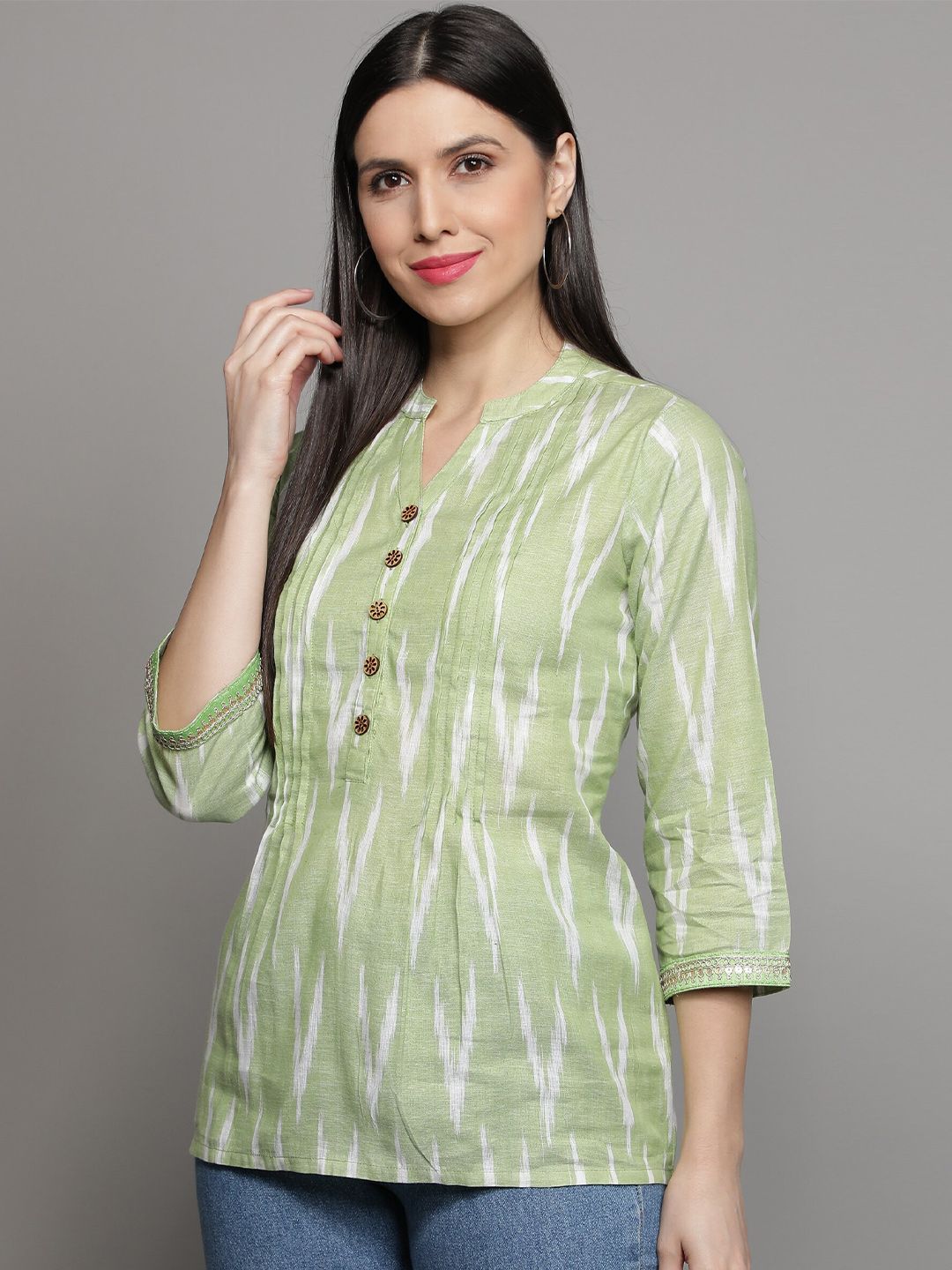 Cot'N Soft Green & White Geometric Woven Design Pure Cotton Pleated Kurti Price in India