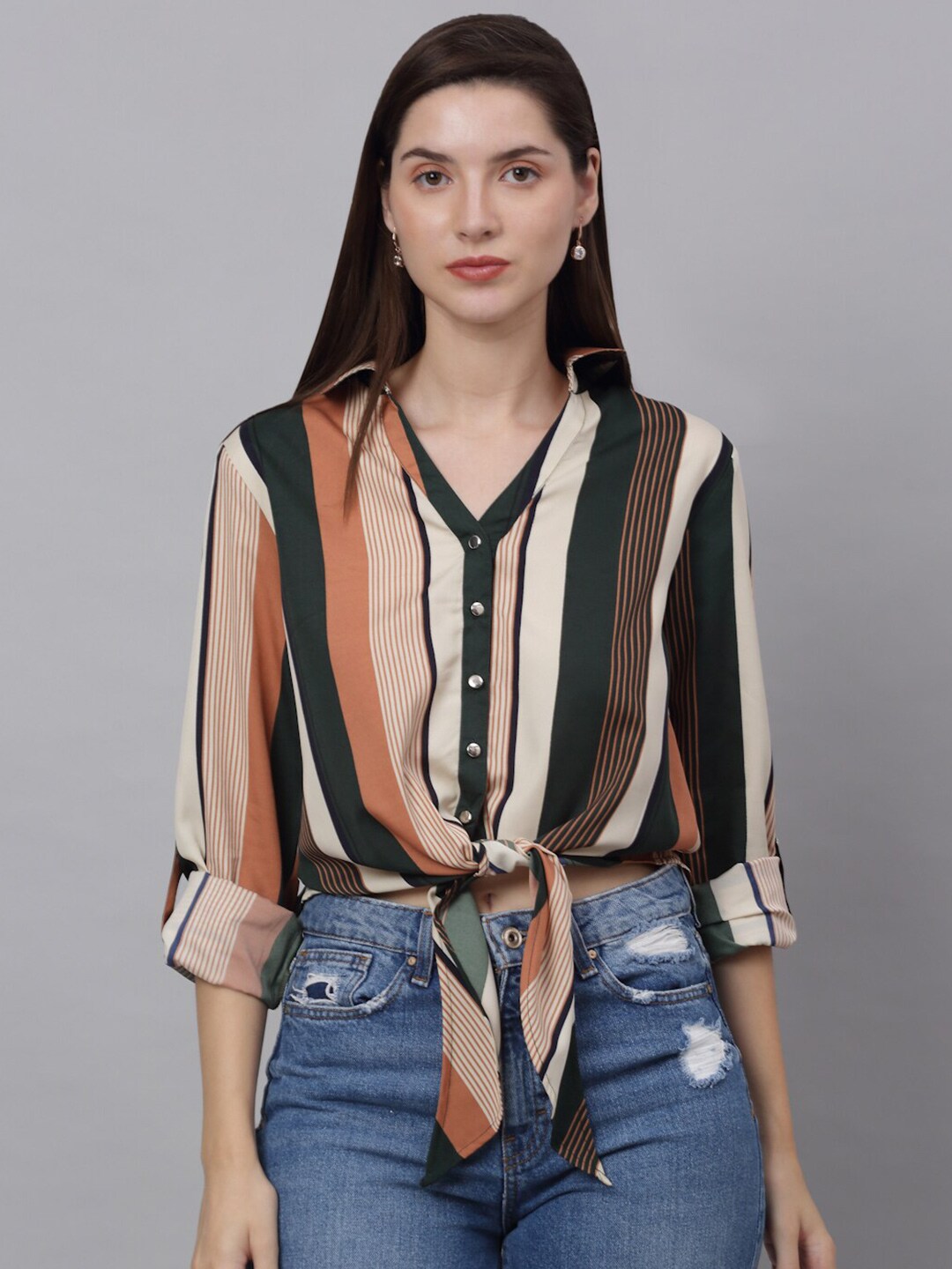 NEUDIS Cream & Brown Striped Crepe Shirt Style Top Price in India