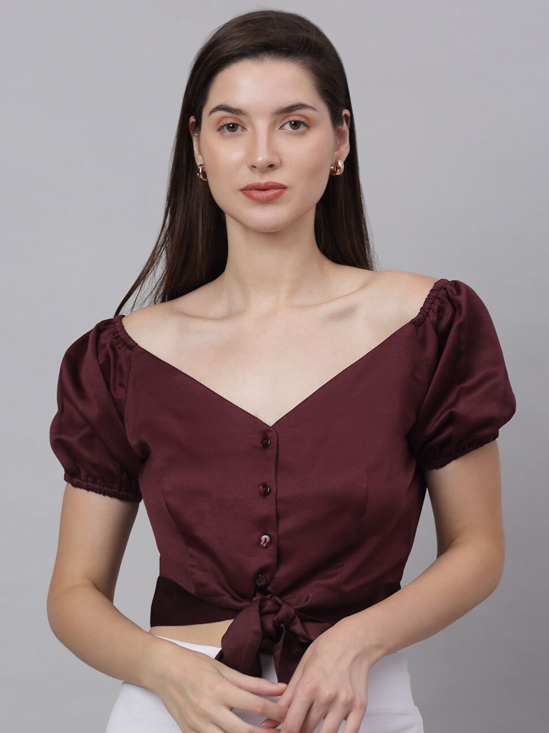 NEUDIS Woman Burgundy Fitted Tie-Up Sheen Satin Crop Top Price in India