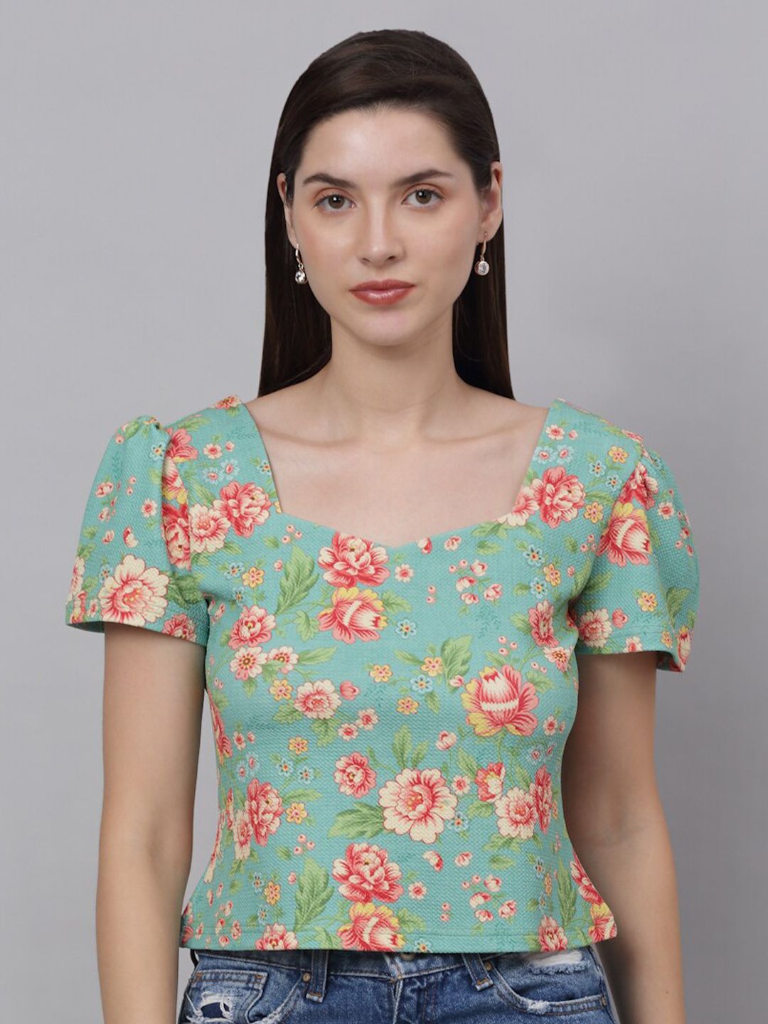 NEUDIS Green Floral Print Top Price in India