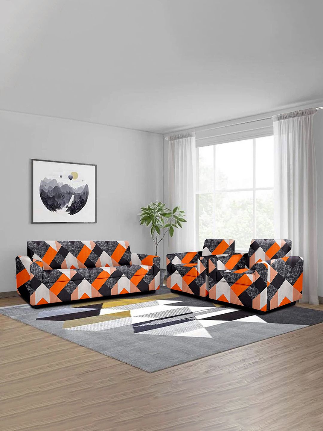 Cortina Orange & Black Printed 5 Seater Sofa Cover Price in India