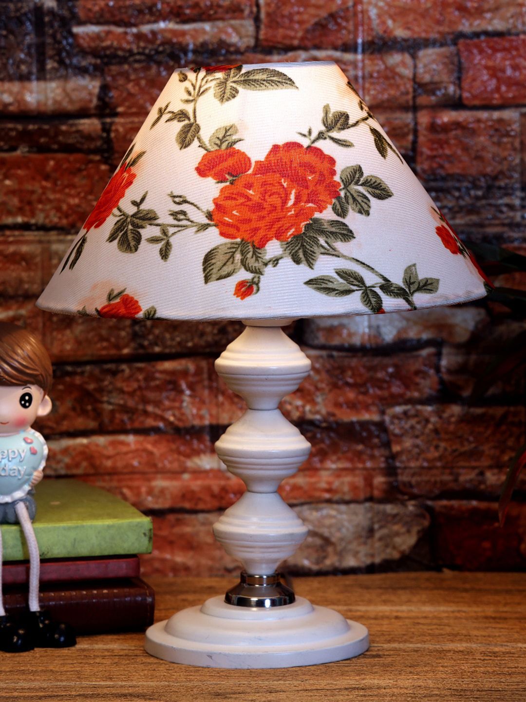 foziq White & Orange Colored Printed Table Lamp Price in India