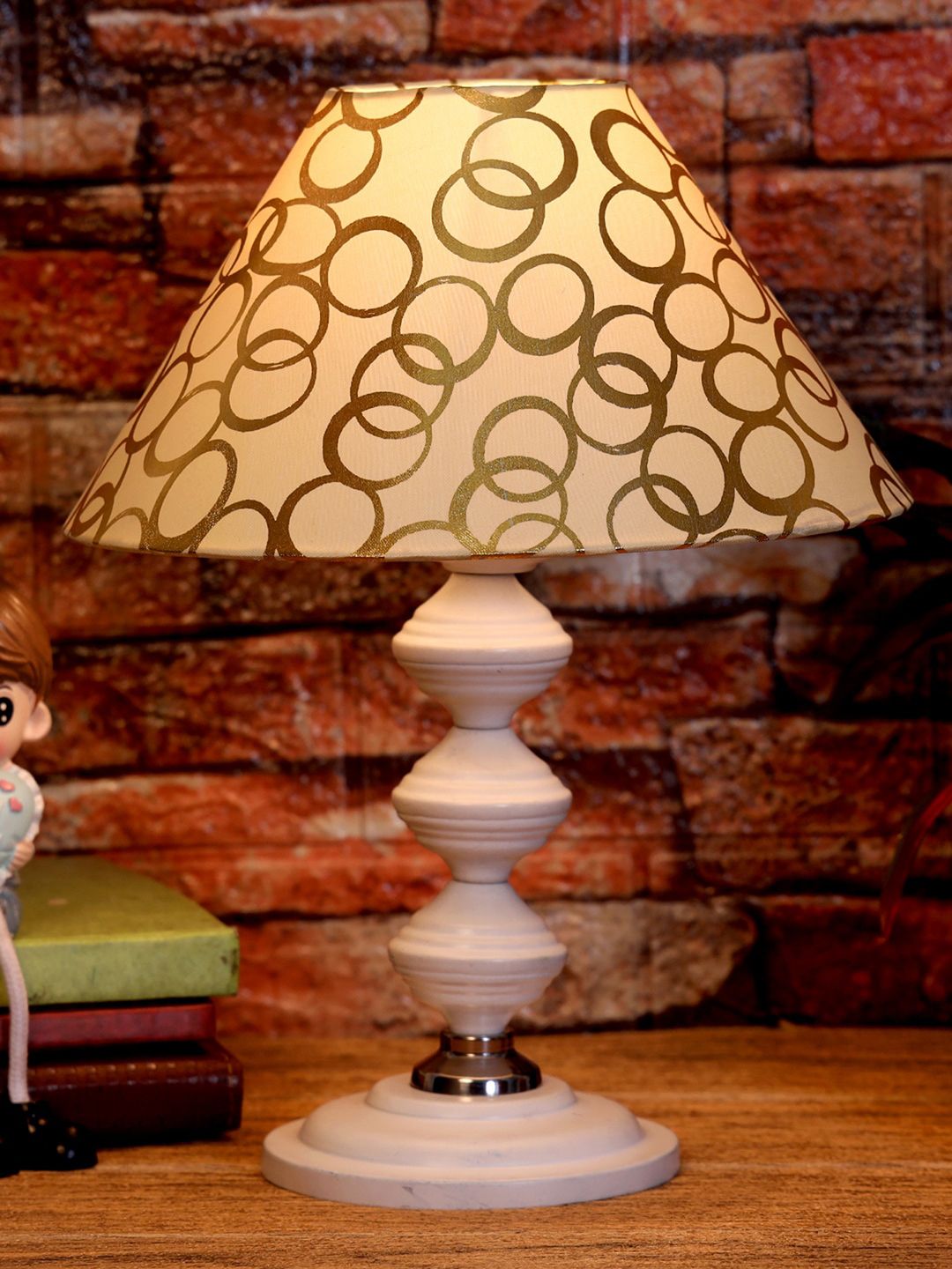 foziq White & Beige Printed Frustum Shaped Table Lamp Price in India