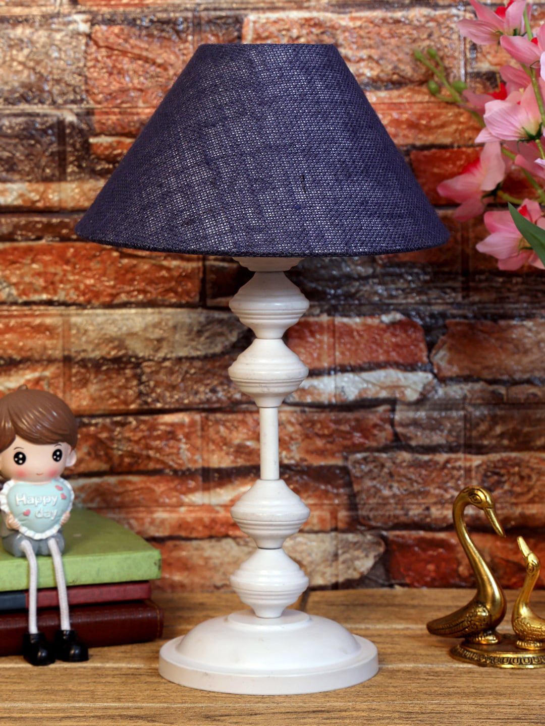 foziq White & Blue Textured Table Lamp With Shade Price in India