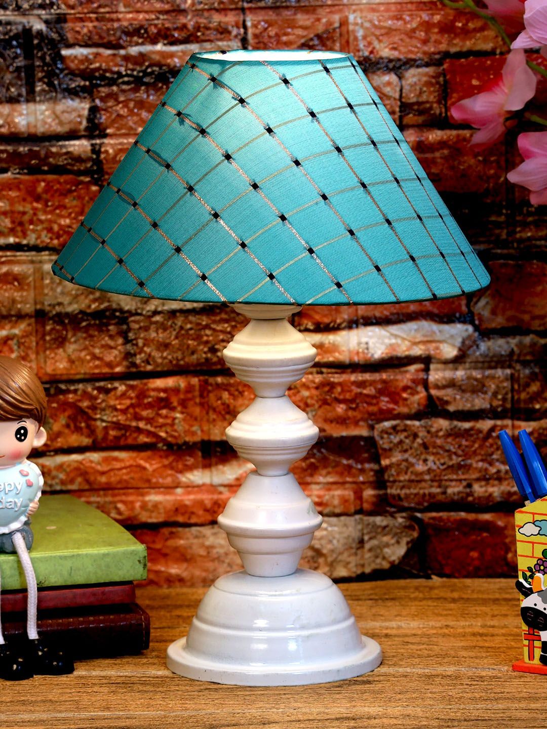 foziq White & Blue Printed Table Lamp With Shade Price in India