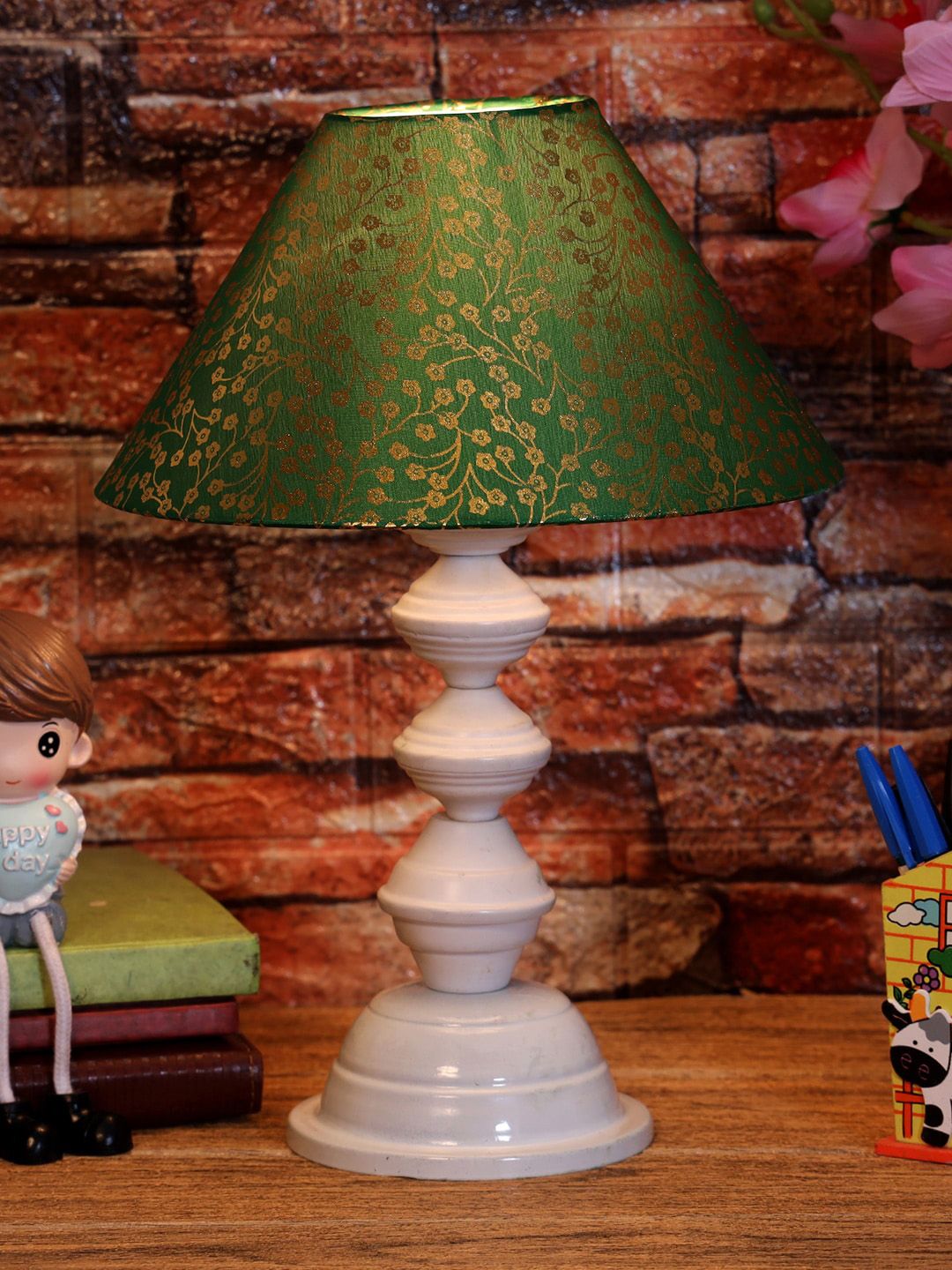 foziq White & Green Printed Table Lamp With Shade Price in India