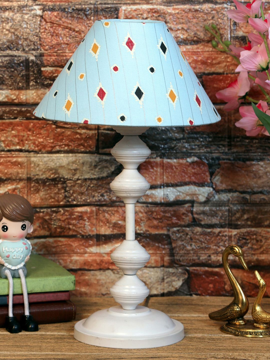 foziq White & Blue Printed Table Lamps Price in India