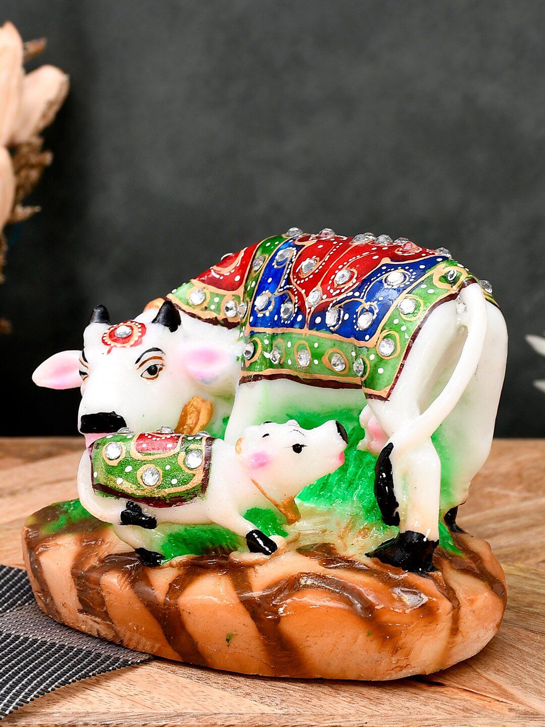 RDK White & Green Kamdhenu Cow With Calf Figurine Showpiece Price in India