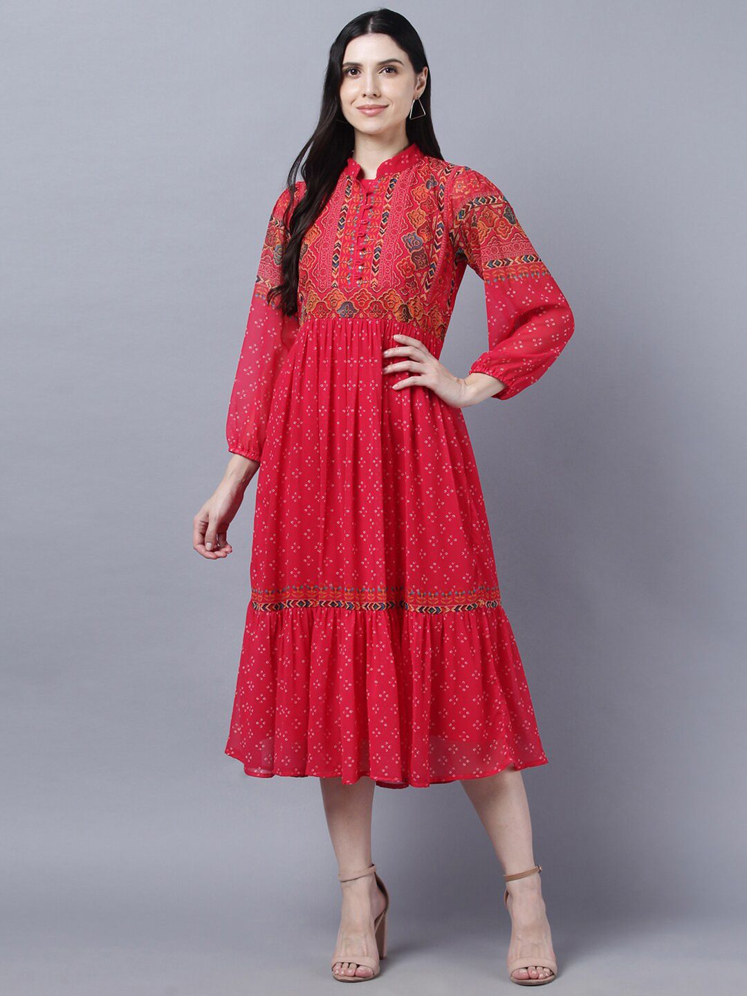 Myshka Women's Red Printed Floral Ethnic Flounce Midi Dress Price in India