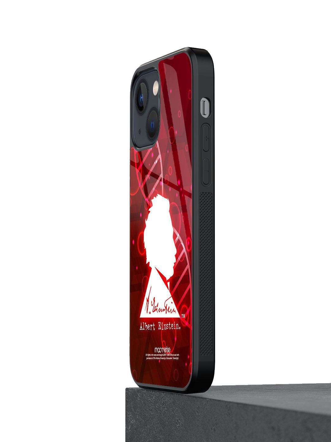 macmerise Red & White Printed Genius Albert Einstein iPhone 13 Mini Glass Phone Back Case Price in India