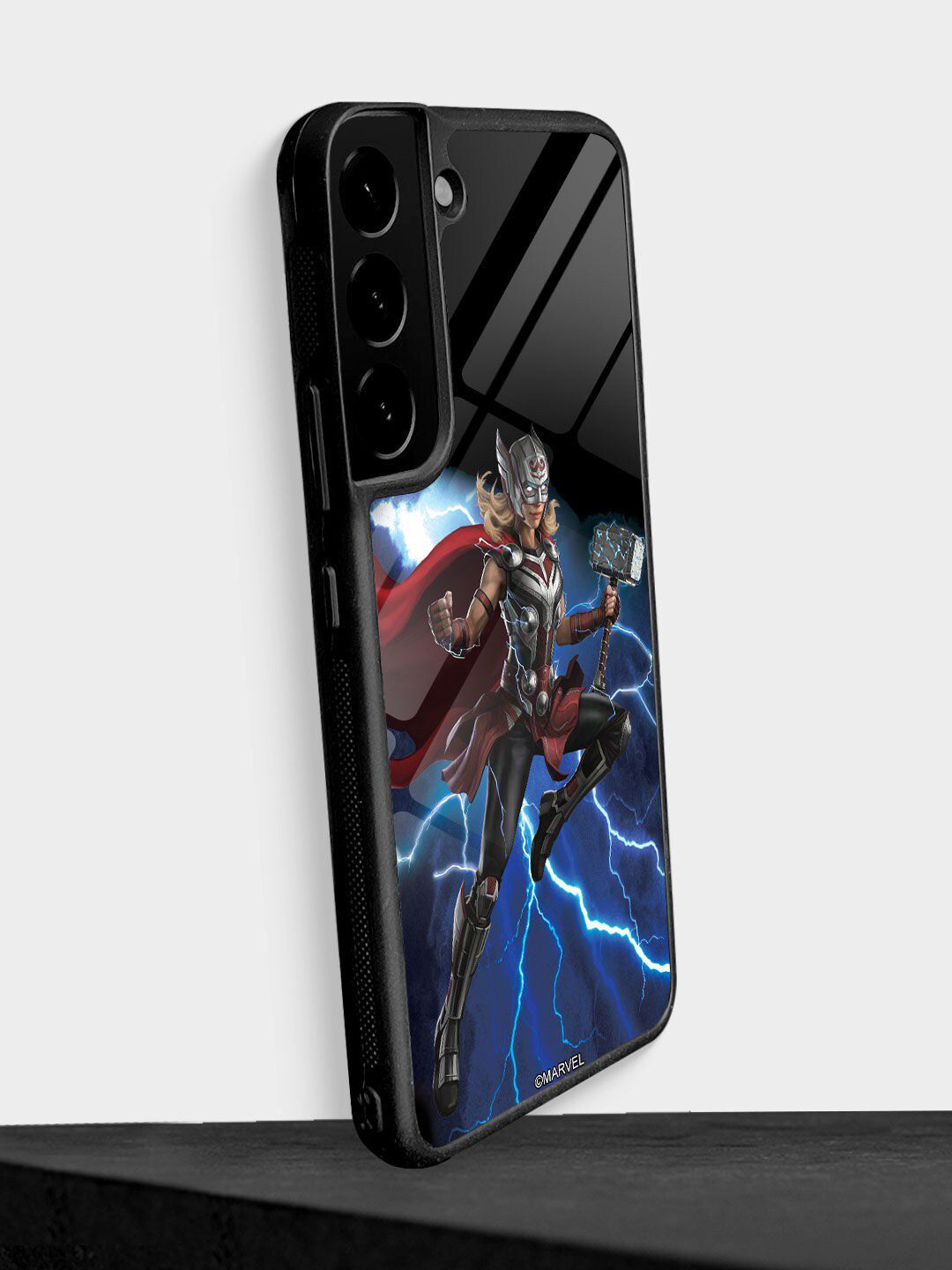 macmerise Black & Blue Printed Mighty Thor Attack Samsung S22 Plus Glass Phone Back Case Price in India