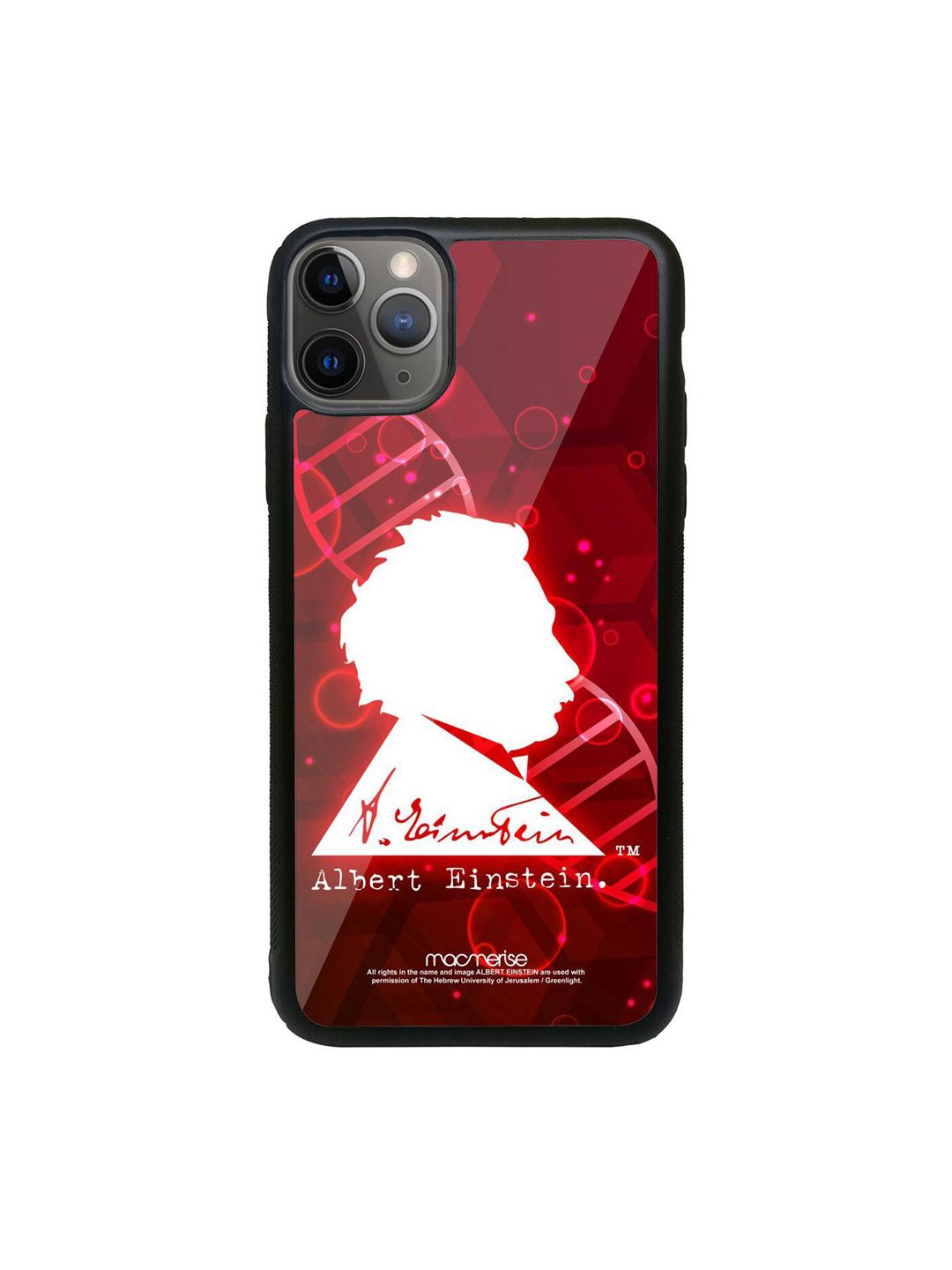 macmerise Red & Black Genius Albert Einstein iPhone 11 Pro Max Glass Phone Back Case Price in India