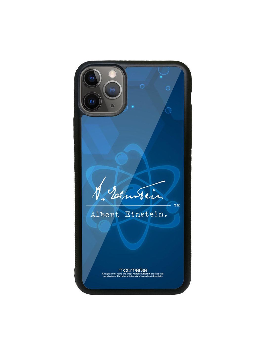 macmerise Blue Printed Albert Einstein Atom iPhone 11 Pro Max Glass Phone Case Price in India