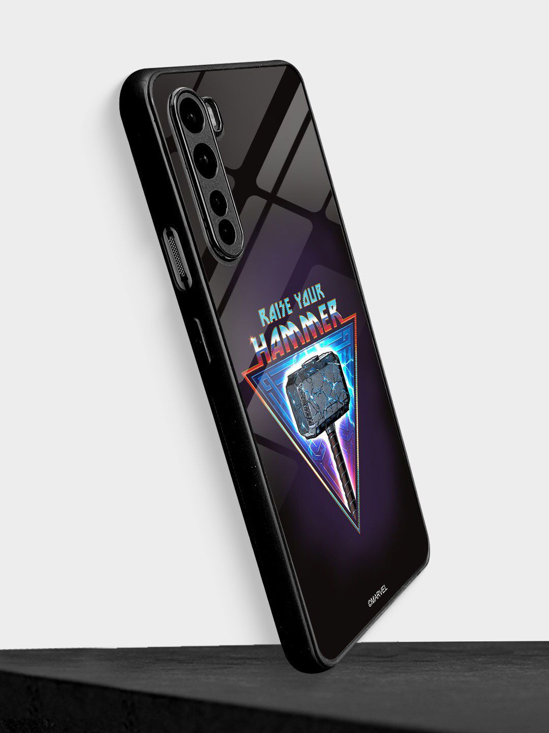 macmerise Black & Blue Printed Mighty Raise your Hammer Oneplus Nord Glass Phone Back Case Price in India