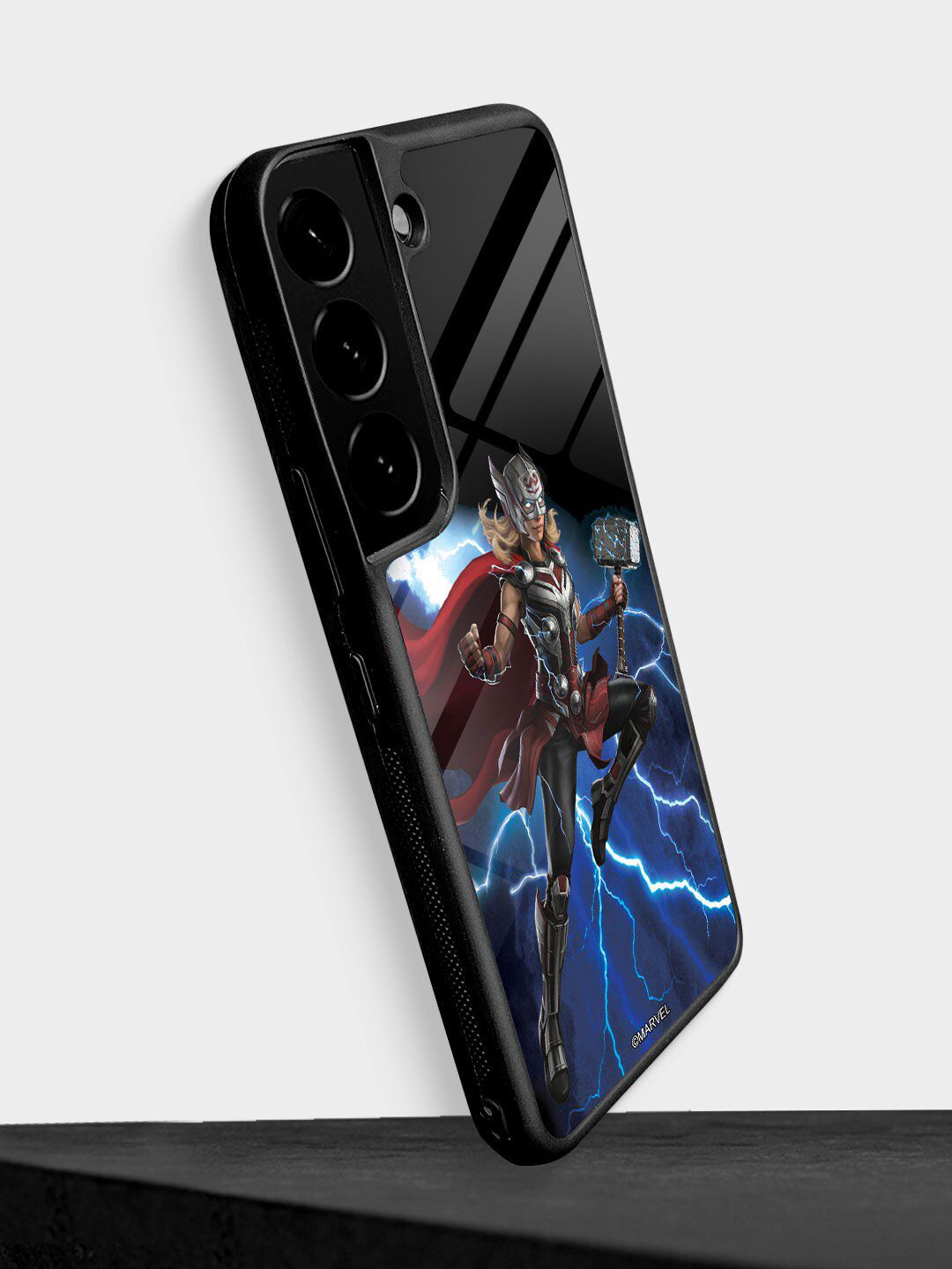 macmerise Blue & Black Printed Mighty Thor Attack Samsung S22 Glass Phone Back Case Price in India