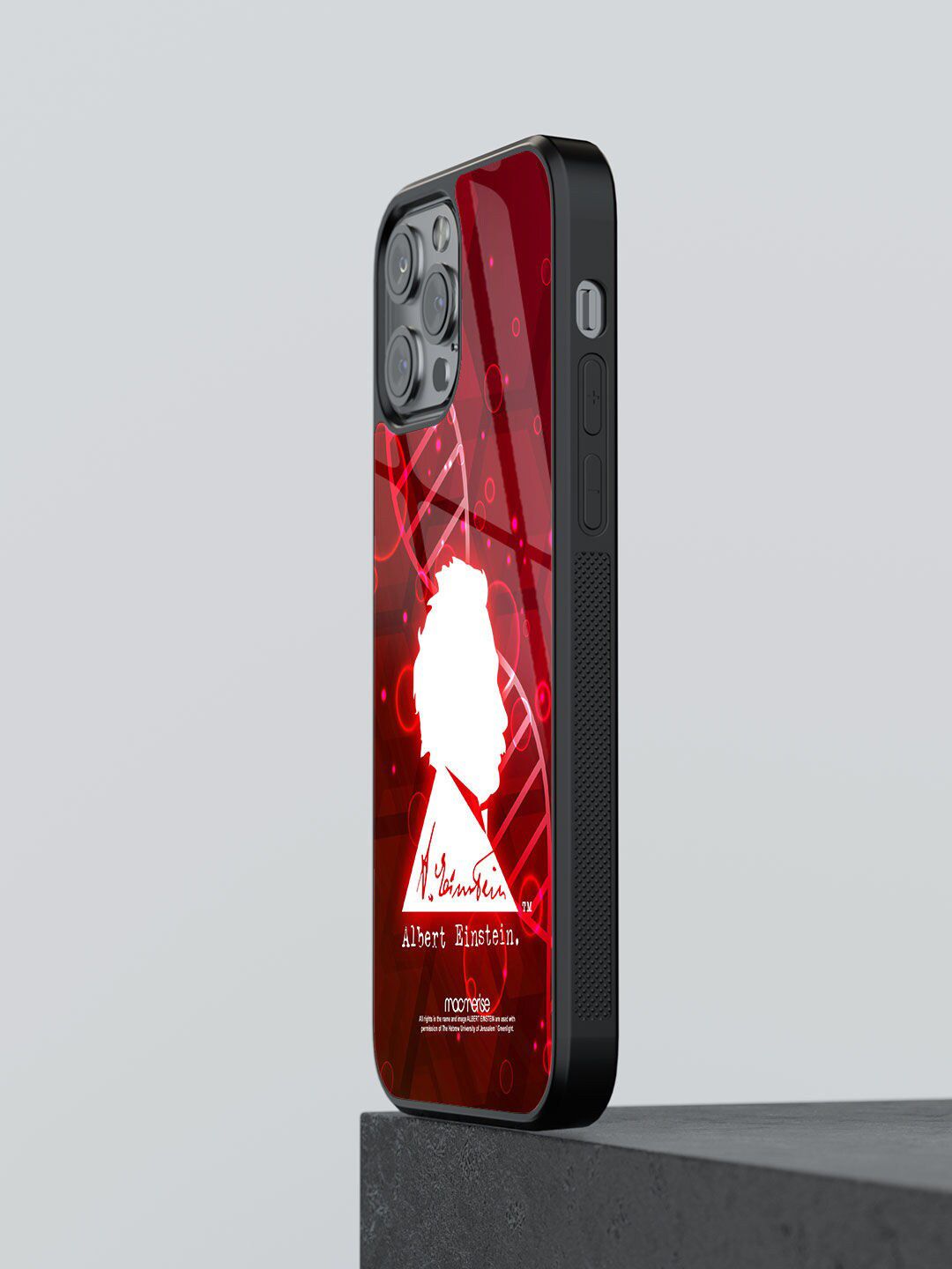 macmerise Red Printed Genius Albert Einstein iPhone 12 Pro Glass Phone Back Case Price in India