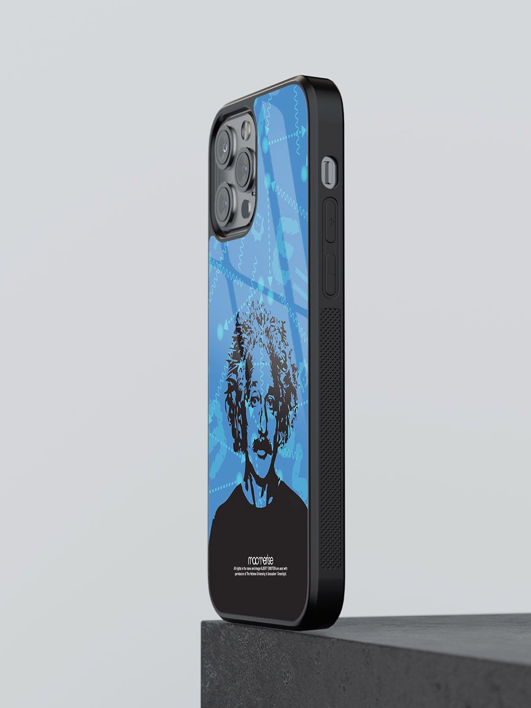 macmerise Blue Printed Wise Albert Einstein iPhone 12 Pro Glass Phone Back Case Price in India