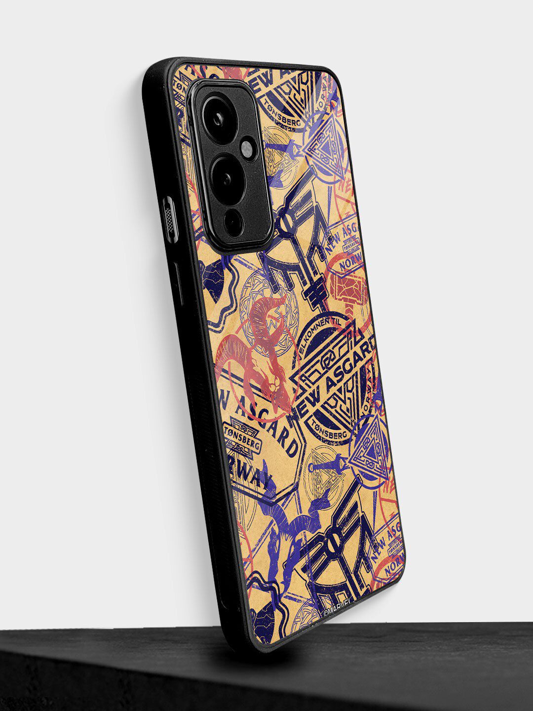 macmerise Beige & Blue Printed New Asgard Stamps Oneplus 9 Mini Glass Phone Back Case Price in India