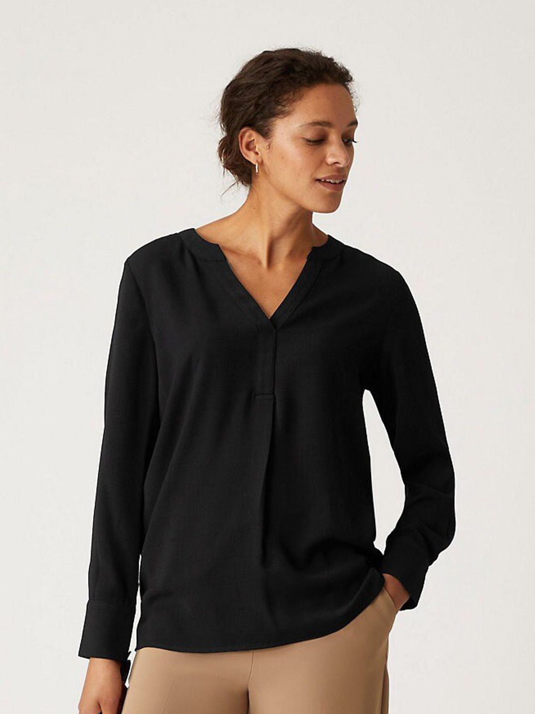 Marks & Spencer Women Black Solid Cuffed Sleeves Top Price in India