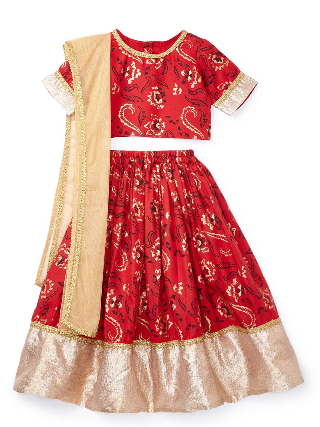HERE&NOW Girls Red & Beige Printed Ready to Wear Lehenga & Blouse With Dupatta Price in India