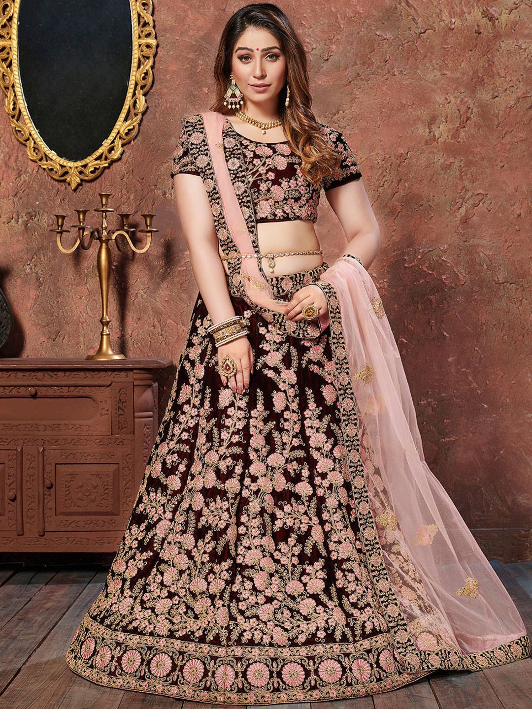 FABPIXEL Maroon & Pink Embroidered Bridal Lehenga Choli Set With Dupatta Price in India