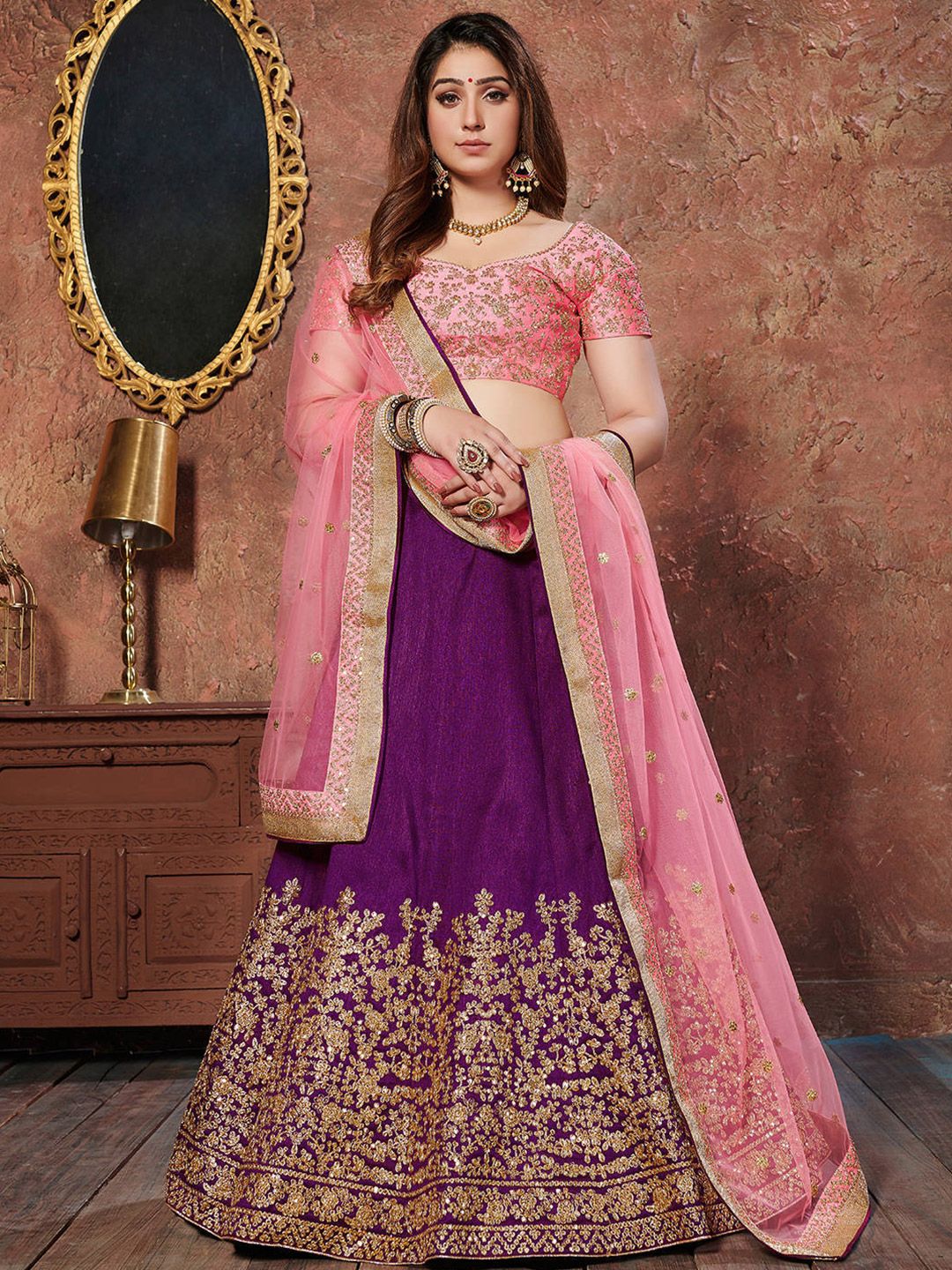 FABPIXEL Purple & Pink Embroidered Bridal Lehenga Choli Set With Dupatta Price in India