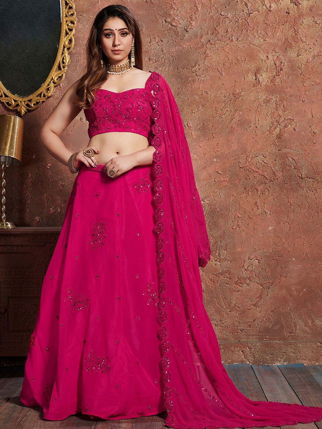FABPIXEL Pink & Silver-Toned Embroidered Sequinned Bridal Lehenga Choli Set With Dupatta Price in India