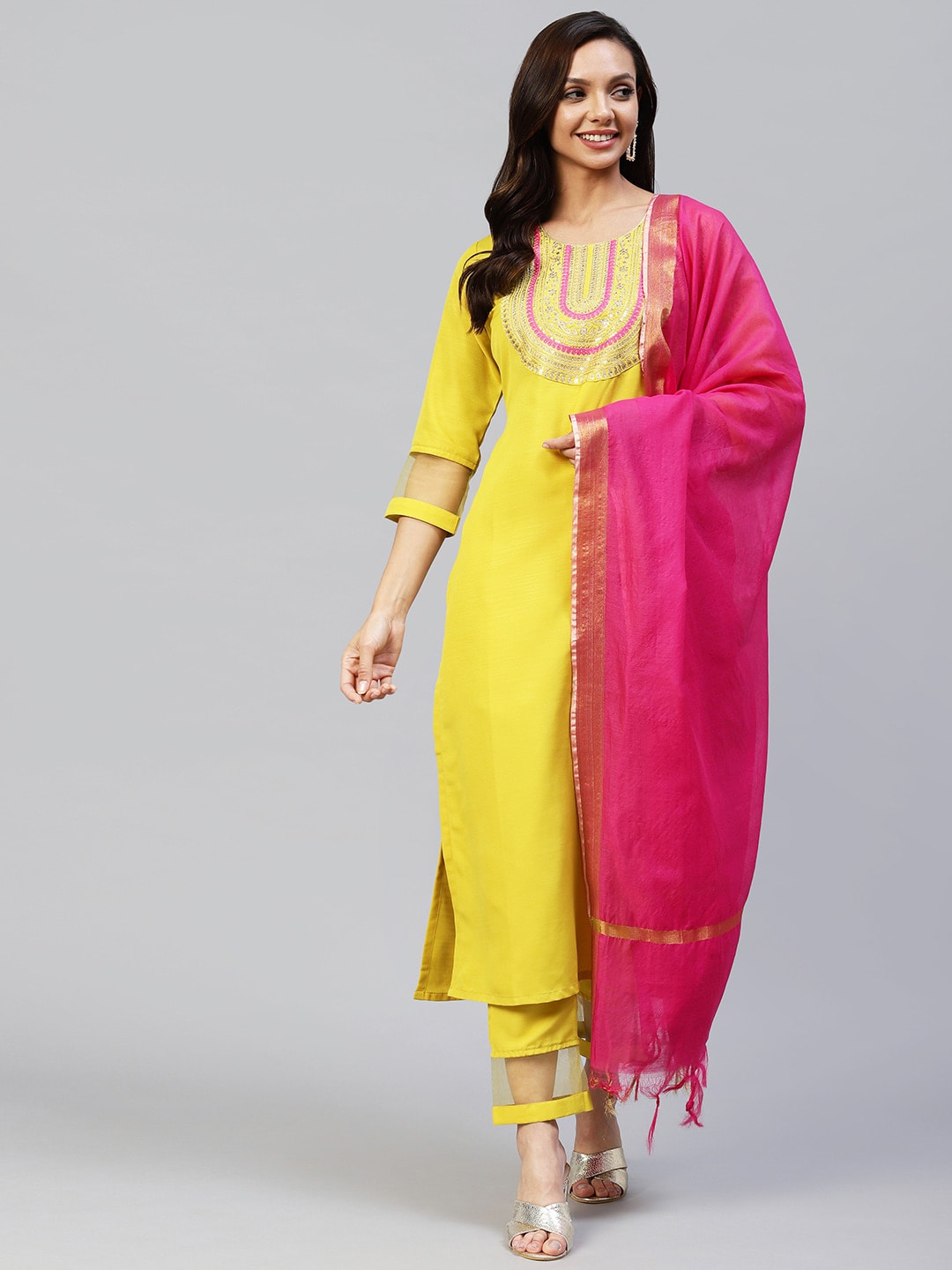 KALINI Women Yellow Straight Kurta with Trouser & Dupatta Price in India