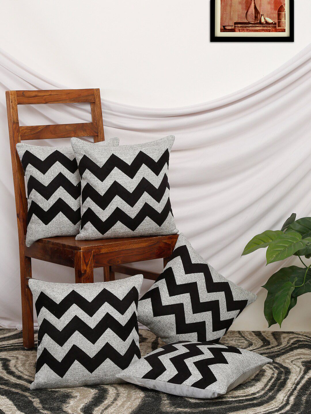 Slushy Mushy White & Black Set of 5 Geometric Square Cushion Covers Price in India